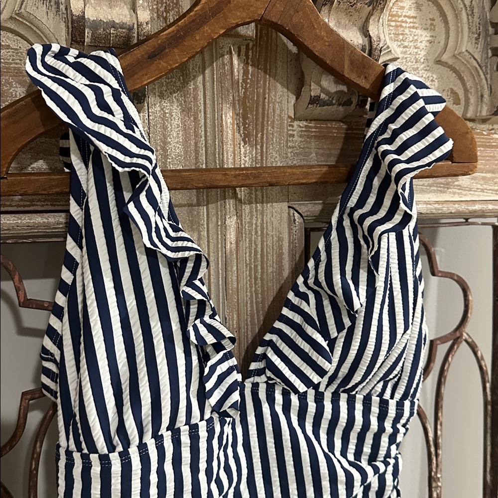 Ellen Tracy Blue Stripe Ruffle Swimsuit - Picture 3 of 7